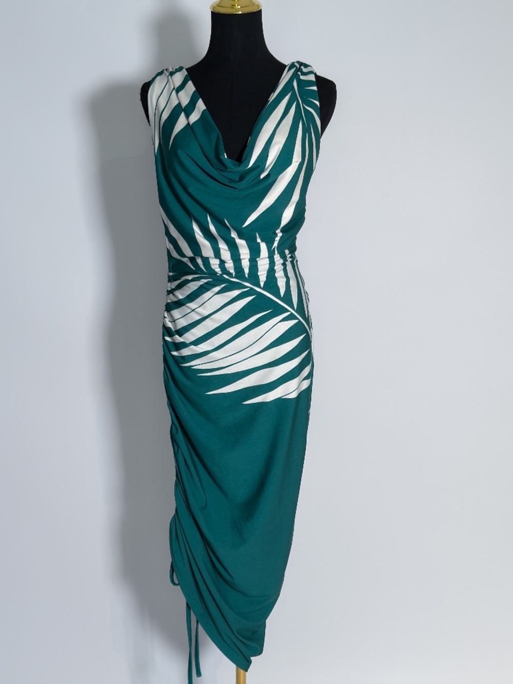 JLUXLABEL Green Leaf Ruched Cowl‑Neck Dress – Size M
